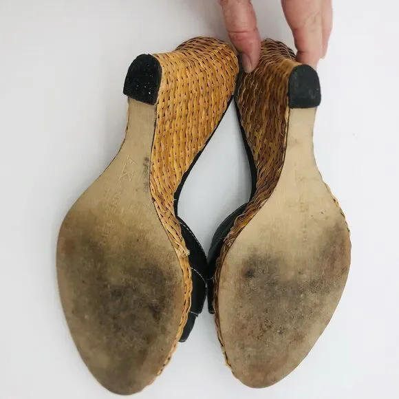 Anne Klein Wedge Sandal 7.5 Black Leather Straw Women AKHagan - Picture 15 of 15